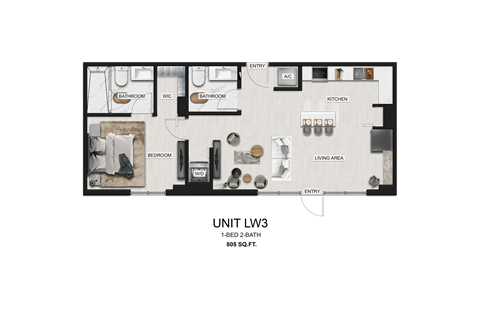 Floor plan for 1 bed, 1.5 baths, 805 sqft